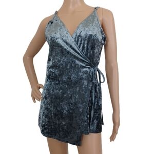 COTTON CANDY LA Frost Blue Crushed Velvet V-neck Wrap Shorts Micro Mini Romper